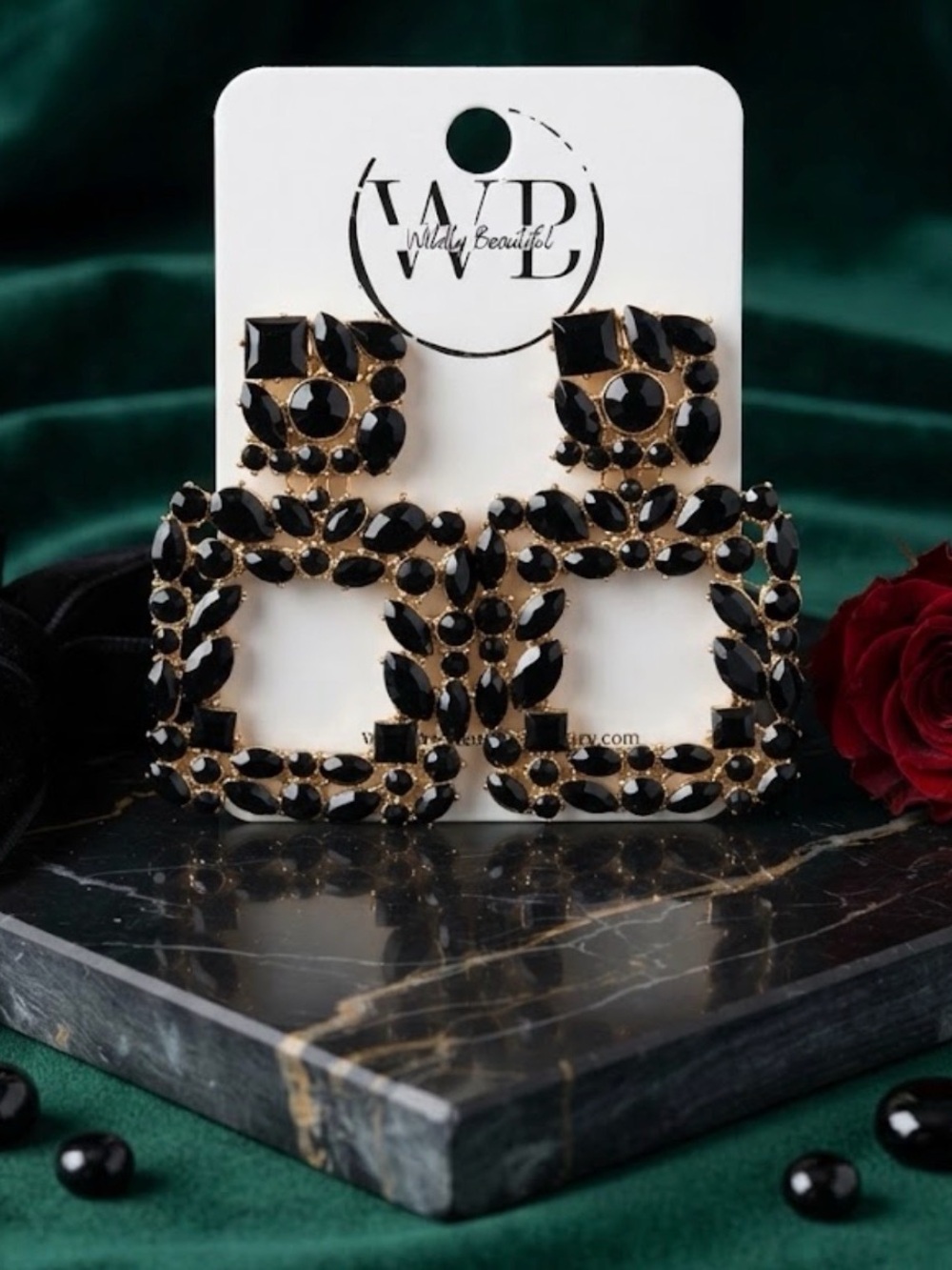 Black Crystal Square Drop Earrings